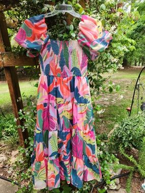 Crystal Doll Multicolor Tropical Smocked Bodice Women's Dress Size Small